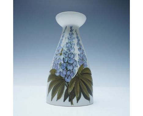 A beautifully crafted Arabia Finland ceramic vase featuring a hand-painted floral design. The piece showcases delicate lupine
