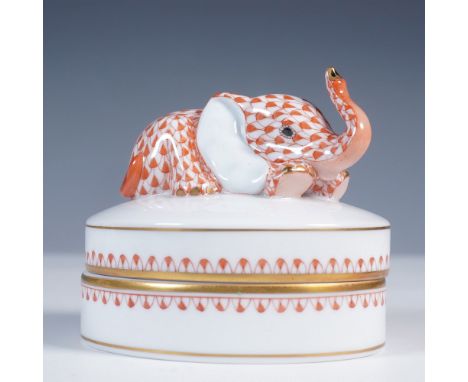 Charming Herend Hungary hand-painted porcelain treasure box featuring a baby elephant with the brand’s iconic rust fishnet pa