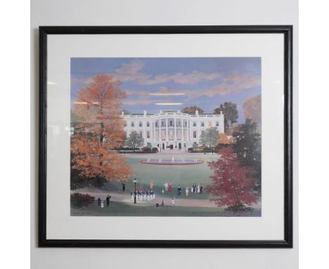 This offset color  lithograph by French artist Michel Delacroix, depicts a picturesque autumn scene of the White House with a