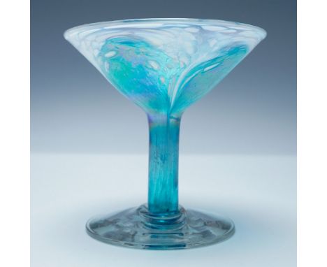 A stunning hand-blown art glass by renowned glass artist Ron Hinkle, signed on the base. This iridescent piece features a mes