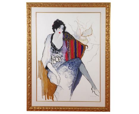 Large framed limited edition serigraph on paper titled Reverie by Israeli artist Itzchak Tarkay. This composition captures Ta