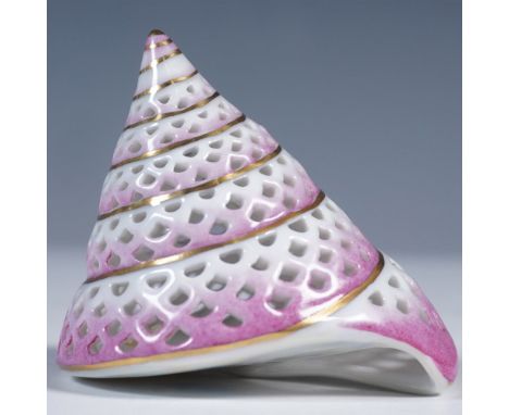 Herend porcelain Trochus Perforated Shell figurine, hand-painted in a delicate gradient of pink with a pierced lattice design