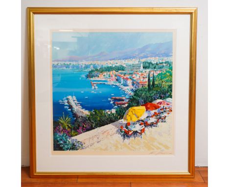 Vibrant color serigraph entitled Sorento by celebrated British artist Kerry Hallam. This coastal composition captures a sceni