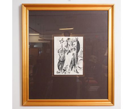Black-and-white lithograph by Marc Chagall titled Saltimbanques (or Itinerant Players.) This composition reflects Chagall's d