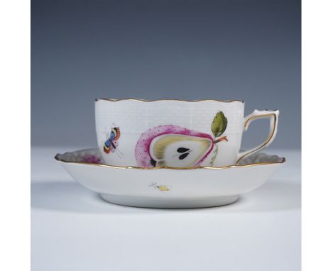 Herend handpainted porcelain cup and saucer set in the Fruits and Flowers (BFR) pattern, numbered 1726. This charming set fea