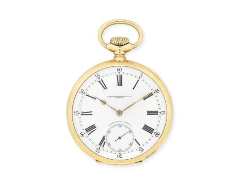 Patek Philippe. An 18K gold keyless wind open face pocket watch Retailed by Relojoaria Gondolo, Rio de JaneiroModel: GondoloD