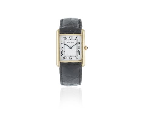 Cartier. An 18K gold quartz rectangular wristwatchModel: TankDate: Circa 1990Movement: 7-jewel Cal.90 quartzDial: White, blac