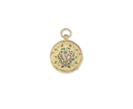 A continental gold key wind open face pocket watch with enamel decorationDate: Circa 1830Movement: Gilt cylinder, 3-arm balan