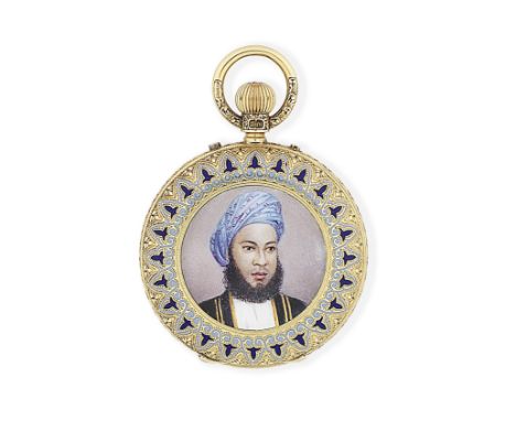 Usher &amp; Cole, London. An 18K gold keyless wind full hunter pocket watch with enamel portrait possibly depicting Sultan Sa