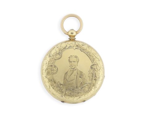 Cooper, London. An 18K gold key wind full hunter pocket watch with engraving depicting the American statesman Henry Clay (177