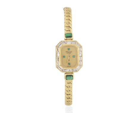 Chopard. A lady's 18K gold, diamond and emerald set quartz cocktail bracelet watchReference: 104487Date: Circa 1980Movement: 