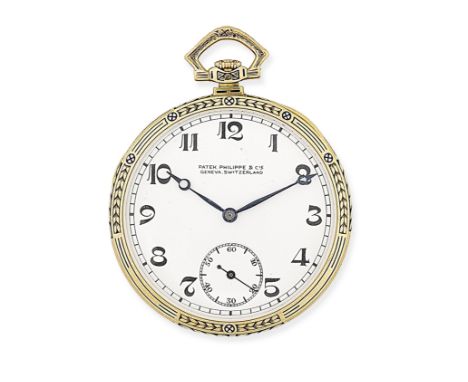 Patek Philippe. An 18K gold and enamel keyless wind open face pocket watchDate: Circa 1920Movement: Jewelled Swiss lever, cut