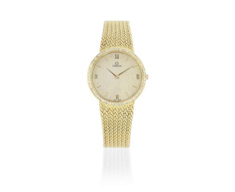 Omega. An 18K gold and diamond quartz bracelet watchReference: 1377Date: Circa 1982Movement: 6-jewel Cal.1377 quartz, No.4528