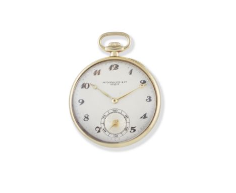 Patek Philippe. An 18K gold keyless wind open face pocket watchDate: Circa 1925Movement: Jewelled Swiss lever, cut and compen
