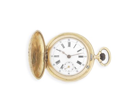 An 18K gold and enamel keyless wind full hunter pocket watchDate: Circa 1910Movement: Gilt finish 3/4 plate Swiss lever, comp