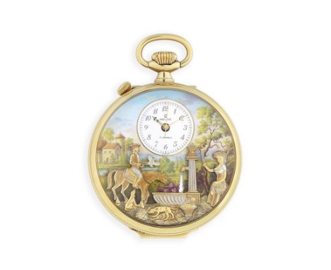 Reuge, À Sainte-Croix. A gold plated keyless wind musical automaton open face pocket watchDate: Circa 1980Movement: 17-jewel 