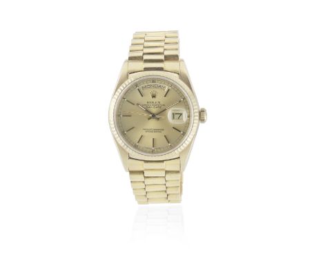 Rolex. An 18K gold automatic calendar bracelet watchModel: Day-DateReference: 18038/18000Date: Purchased 21st March 1987Movem