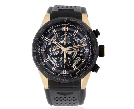 TAG Heuer. An 18K rose gold and black DLC coated titanium automatic calendar chronograph semi-skeletonised wristwatchModel: C