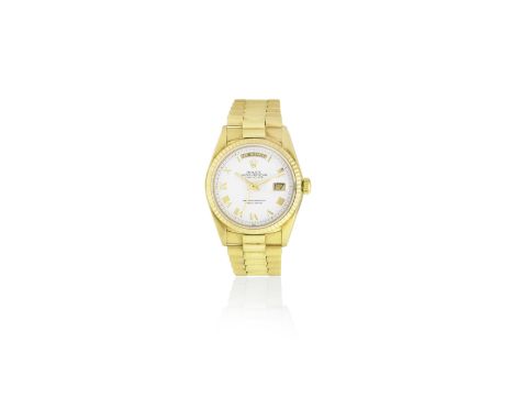 Rolex. An 18K gold automatic calendar bracelet watchModel: Day-DateReference: 18038Date: Circa 1986Movement: 27-jewel Cal.305
