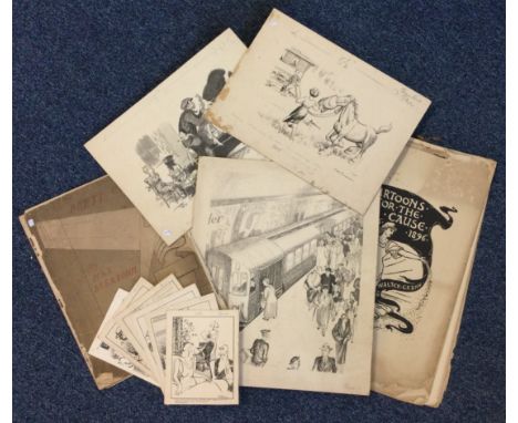 A collection of cartoon sketches and prints including drawings by Harry O Connor, Peter Fraser, Max Beerbohm, Walter Crane et