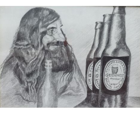 Anthony Barry (1942-2014) pencil sketch 'Self Portrait with Guinness', framed and glazed, 17cm x 23cm.
