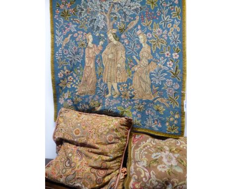 A FRENCH STYLE NEEDLEPOINT TAPESTRY TOGETHER WITH ONE NEEDLEPOINT CUSHION AND ONE FINE THREAD EMBROIDERED PAISLEY CUSHION.