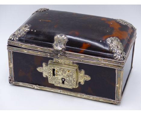 A CADDY TOPPED TORTOISE SHELL WHITE METAL MOUNTED HINGED BOX, (WIDTH APPROX 15CMS)