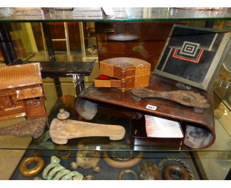 A COLLECTION OF ORIENTAL WOODEN WARES TO INCLUDE A CARVED CHINESE LOW TABLE WITH INCURVE SCROLL ENDS, A MINIATURE ALTER TABLE