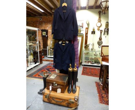 A VICTORIAN LEATHER HAT BOX , A LARGE SUITCASE, TWO PAIRS OF BLACK LEATHER RIDING BOOTS AND TWO HUNTING JACKETS.