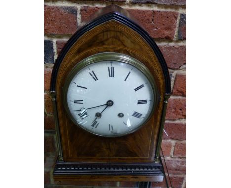 A 19TH.C.MAHOGANY CASED LANCET TOP MANTLE CLOCK , UNSIGNED CONVEX ENAMEL DIAL WITH TWO TRAIN GONG STRIKE MOVEMENT.