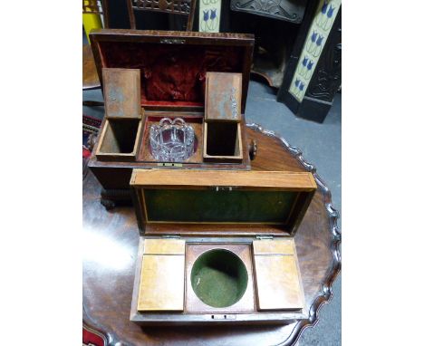 A GEORGIAN INLAID SATINWOOD TEA CADDY TOGETHER WITH A BURL YEW WOOD LATE REGENCY EXAMPLE, BOTH WITH FITTED INTERIORS.
