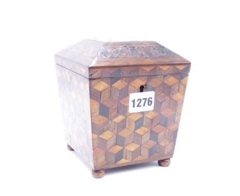 A GEO.III. PARQUETRY INLAID SPECIMEN WOOD TEA CADDY.