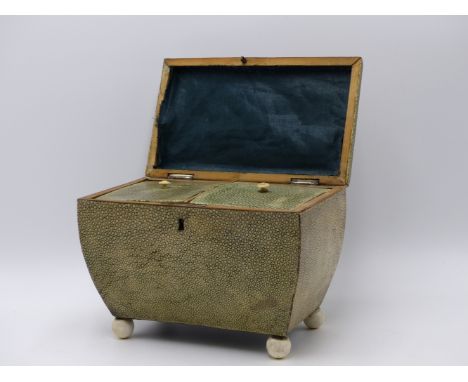 A SHAGREEN VENEERED CURVE SIDED SARCOPHAGUS FORM TEA CADDY WITH TWIN LIDDED INTERIOR COMPARTMENTS.   19CMS WIDE.