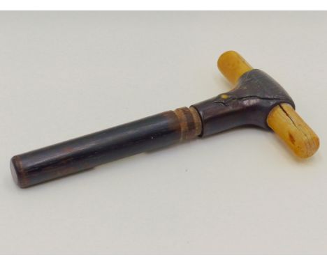 A 19TH.C.IVORY MOUNTED ROSEWOOD SWORD STICK HANDLE WITH SHORT SHAPED SPIKE BLADE, THE WALKING STICK SHAFT REDUCED.