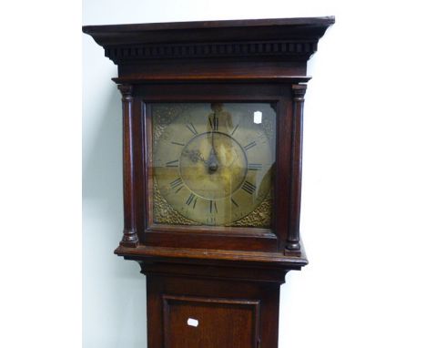 AN 18TH.C.OAK CASED LONGCASE CLOCK WITH 11.25" BRASS DIAL AND CHAPTER RING SIGNED PRESTIGE, TOWCESTER.   213CMS OVERALL.