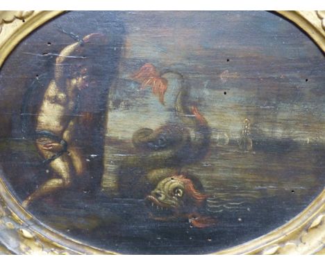 A PAIR OF OLD MASTER SCENES OF A SEA MONSTER AND CLASSICAL FIGURES, OIL ON PANEL, A PAIR, 16.5 X 22.5CM. OVAL. (2)