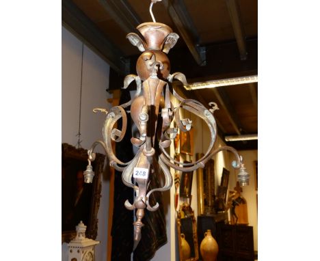 A LATE 19TH.C.WROUGHT BRASS CHANDELIER IN THE MANNER OF W A S BENSON.