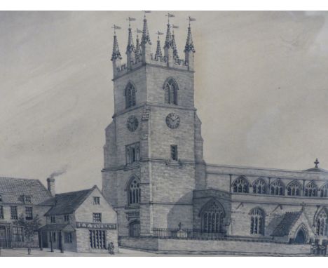 A 19TH CENTURY MONOCHROME WATERCOLOUR OF DEDDINGTON CHURCH, 23 X 34CM IN MAPLE FRAME TOGETHER WITH A 19TH CENTURY MINIATURE W