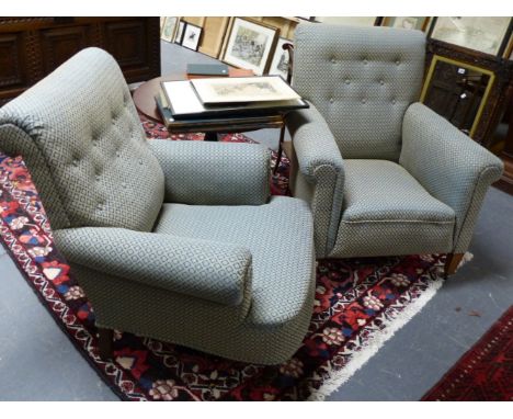 TWO EDWARDIAN BUTTON BACK ARMCHAIRS, RECENTLY RE UPHOLSTERED IN MATCIHING FABRIC.