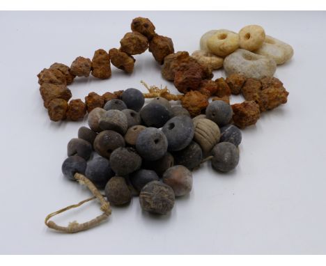 VARIOUS AFRICAN IRON  NECKLACES, SOME HUNG WITH IRON CURRENCY  SCISSORS AND TOOLS. DOGON PEOPLE, MALI. TOGETHER WITH A STRING