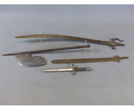 AN INDIAN TULWAR SWORD WITH SILVER DAMASCENE HILT, A MALASIAN SWORD BLADE, A 17TH.C.STYLE DAGGER AND AN EASTERN BATTLE AXE.