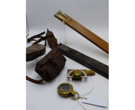 A WWI PERIOD VERNERS PATENT MARCHING COMPASS BY WATTS C.1917 TOGETHER WITH A CLINOMETER AND A BOXWOOD AND BRASS SIGHTING RULE
