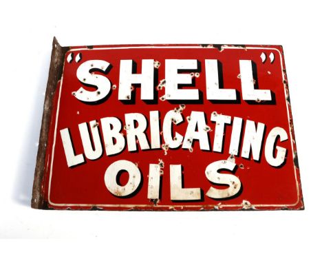 A Shell Double-Sided Enamel Advertising Sign, with mounting flange, with white lettering Shell Lubricating Oils on a red grou