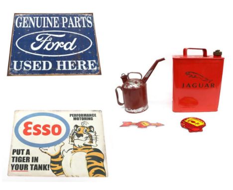 A Red Painted Jaguar Petrol Tin, with carrying handle and brass screw cap (repainted), 30cm high; A Red Painted Vintage Oil C