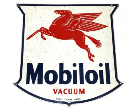 A Mobil Oil Single-Sided Aluminium Advertising Sign, of cartouche shaped form painted with a red Pegasus above Mobil Oil Vacu