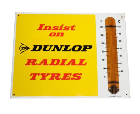 A Dunlop Single-Sided Enamel Advertising Sign/Thermometer, Insist on Dunlop Radial Tyres painted on a yellow ground, the baro