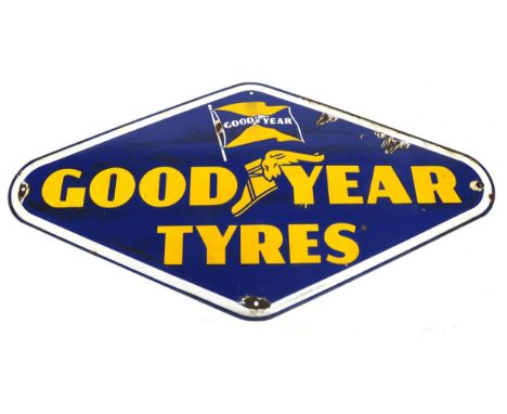 A Goodyear Single-Sided Lozenge Shaped Enamel Advertising Sign, with yellow lettering on a blue ground Goodyear Tyres amongst