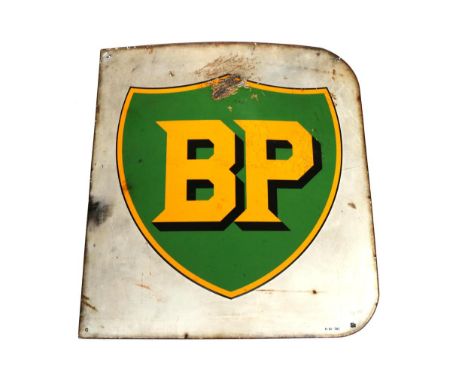 A BP Single-Sided Enamel Advertising Sign, with yellow lettering painted on a green painted cartouche, the bottom corner stam