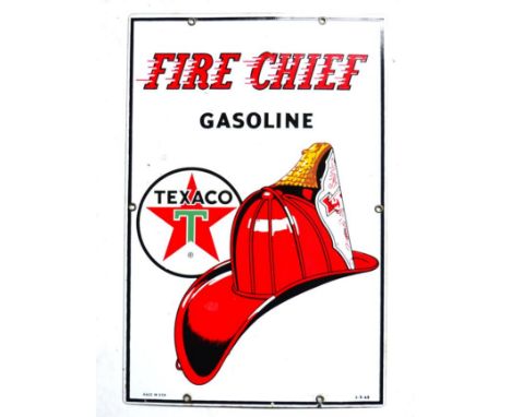 A Texaco Single-Sided White Enamel Advertising Sign, dated 3.8.1963, Fire Chief Gasoline, stamped Made in USA, with six drill