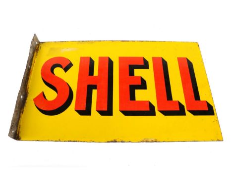 A Shell Double-Sided Enamel Advertising Sign, with mounting flange, with red painted lettering on a yellow ground, 38cm by 61